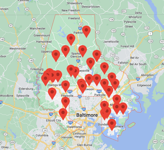 Baltimore County, MD map with RoofPRO pins