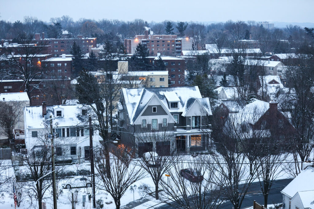 Homes in Bethesda, MD with snow on roofs