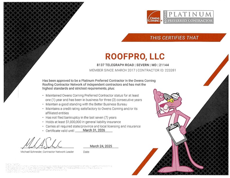 roofpro certification owens corning platinum preferred