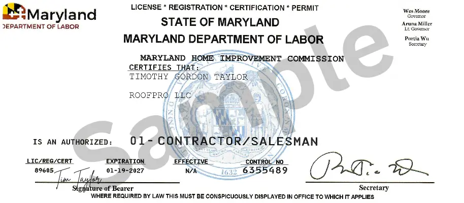 roofpro maryland roofing license